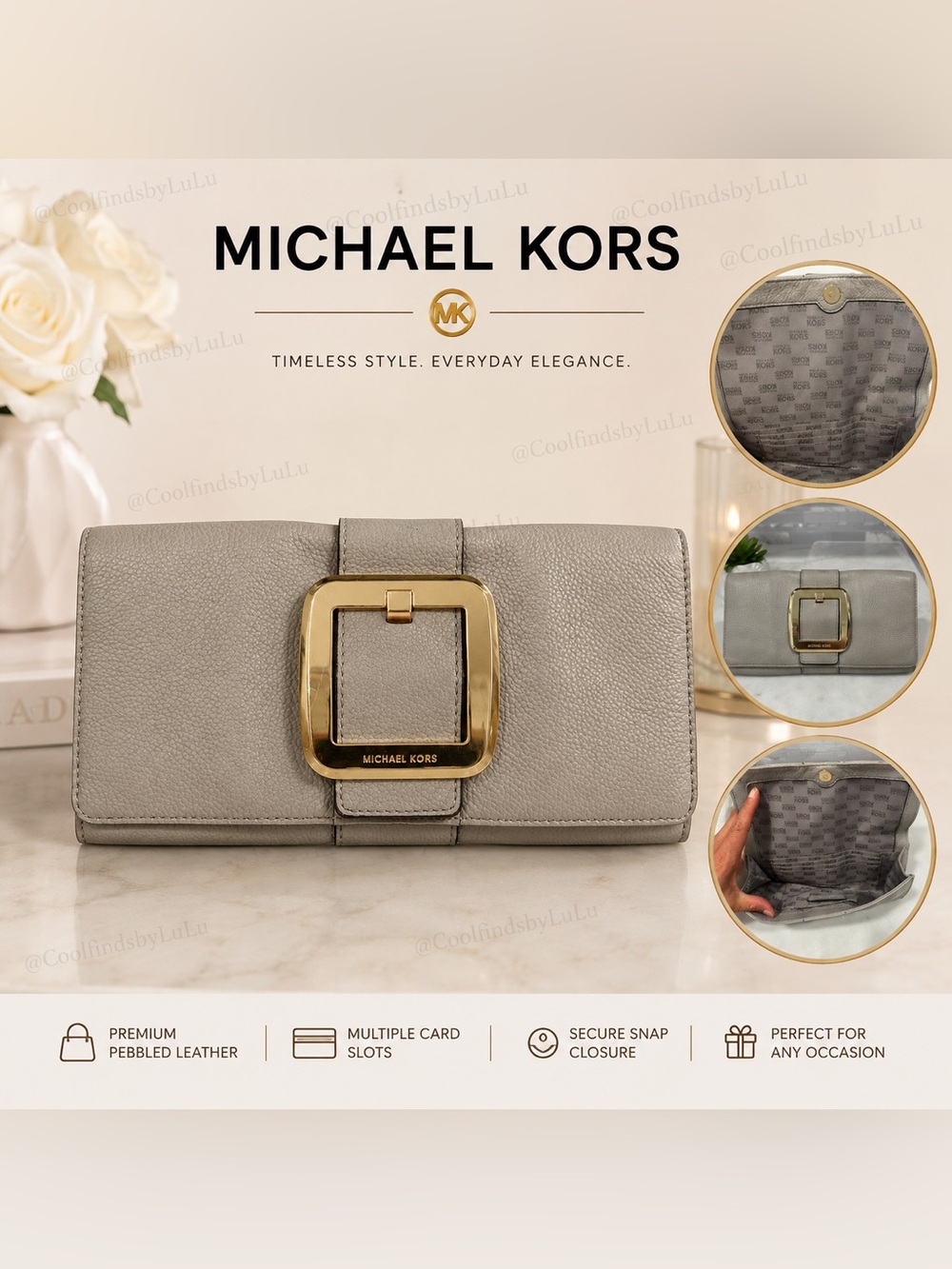 Michael Kors Pebbled Leather Gray Wallet Clutch with Gold Buckle